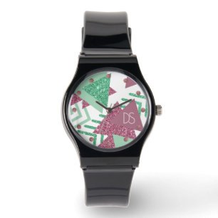 80er Fresh Abstrakt   Rosa und grüne Form Monogram Armbanduhr