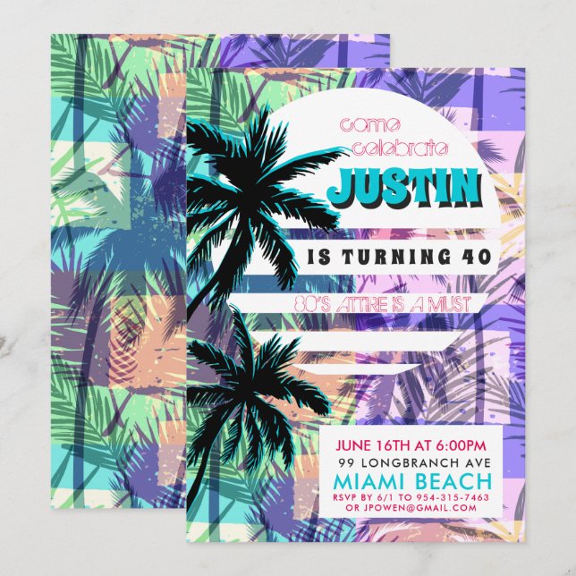 80er Miami Birthday Party Einladung (Vorne/Hinten)