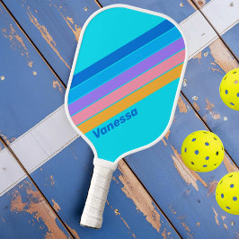 80er Neon Ocean Sky mit Namen gestreift Pickleball Schläger
