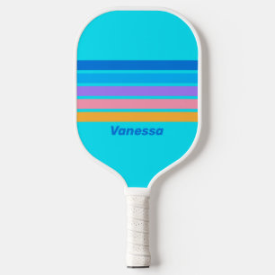 80er Neon-Ozeanhimmel mit Streifen und Namen Pickleball Schläger