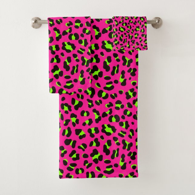 80er Neon Pink Fuchsia und Lime Green Leopard Badhandtuch Set (Insitu)