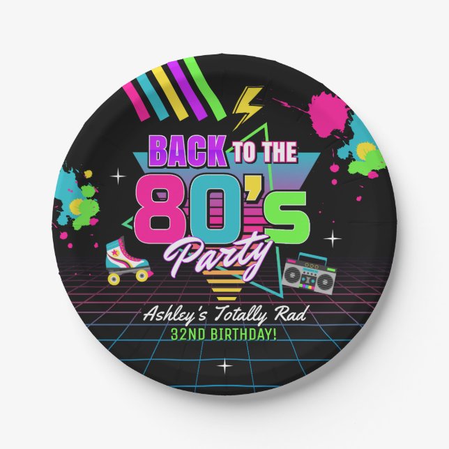 80er Neon Retro Geburtstagspapier Teller (Vorderseite)