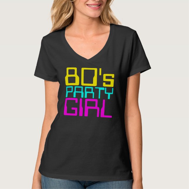80er Party Girl Ladys mehrfarbiges Logo T-Shirt (Vorderseite)