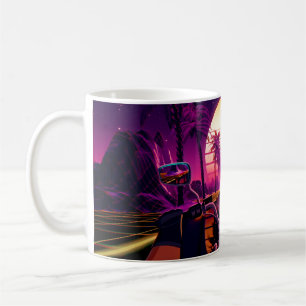 80er Retro-Futurismus-Sci-Fi-Hintergrund mit Motor Kaffeetasse