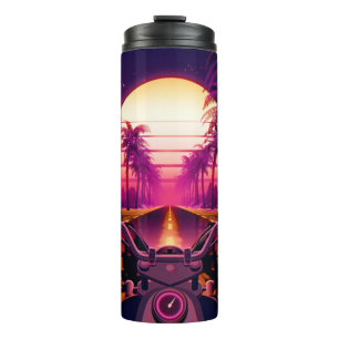 80er retro-futuristischer Sci-Fi-Hintergrund mit M Thermosbecher
