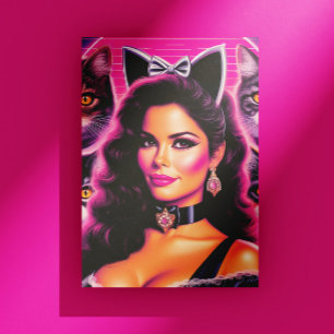 80er Retrowave Katzenfrau Postkarte