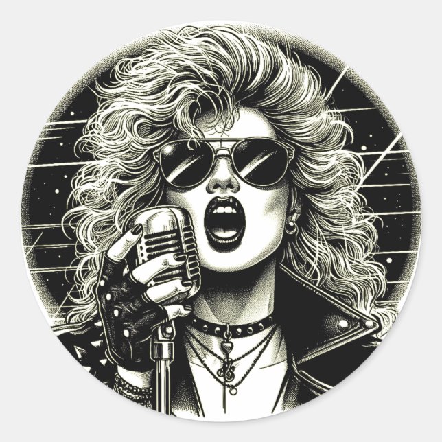 80er Rocker chick Sängerin Tinte Illustration Runder Aufkleber (Vorderseite)