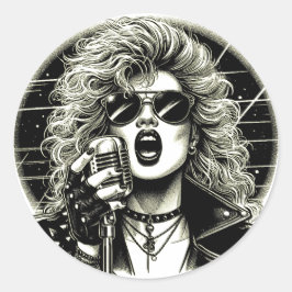 80er Rocker chick Sängerin Tinte Illustration Runder Aufkleber