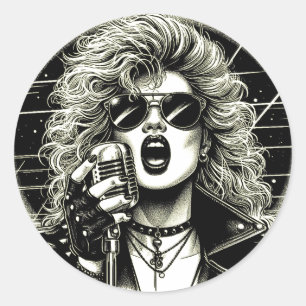 80er Rocker chick Sängerin Tinte Illustration Runder Aufkleber