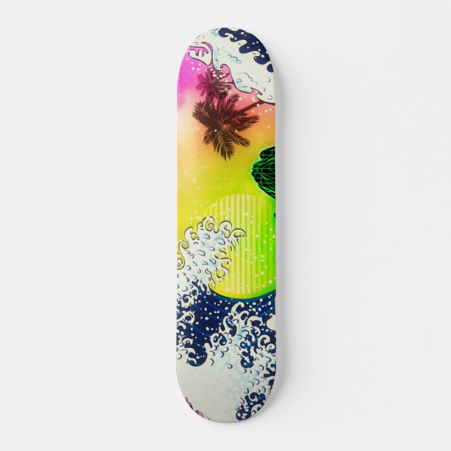 80er Stil Die große Welle und die Palmen Skateboard (Vorne)