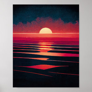 80er-Synthwave-Rotes Meer und Vintage Sonnenunterg Poster