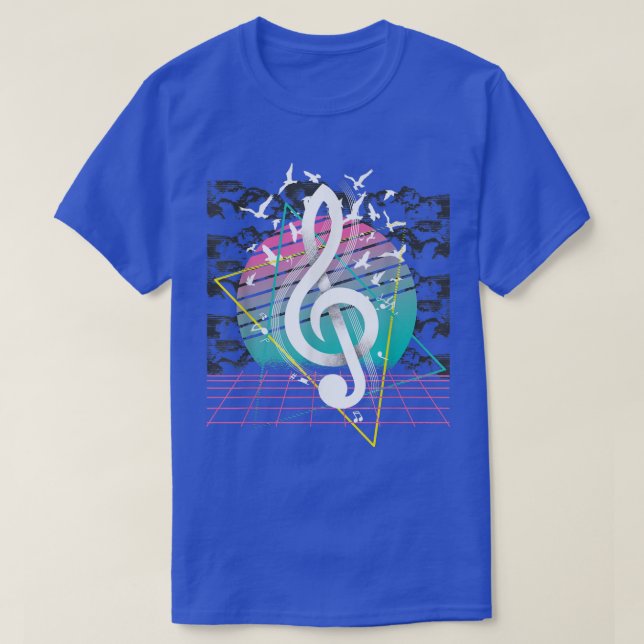 80er Treble Clef Music Flock Vogel Vaporwave Ret T-Shirt (Design vorne)