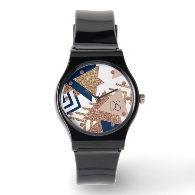 80er Trendy Abstrakt | Gold-Monogramm für Navy und Armbanduhr (Vorderseite)