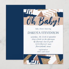 80er Trendy Abstrakt | Marine und Rose Gold Oh Bab Einladung