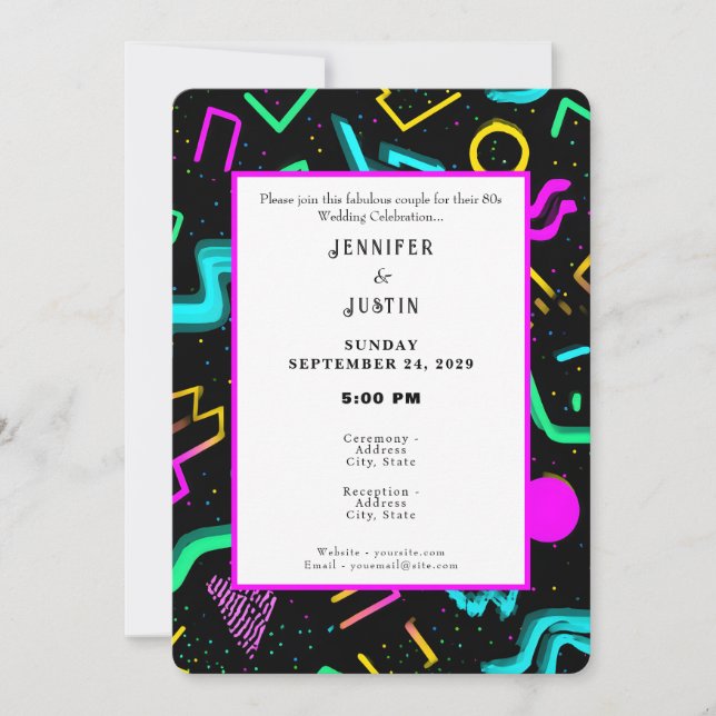 80s 90s Neon Retro Pattern Wedding Invitation Einladung (Vorderseite)