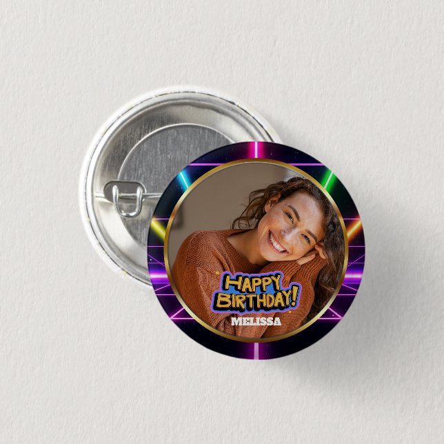 80s Neon Retro Custom Photo & Name Happy Birthday Button (Vorne & Hinten)