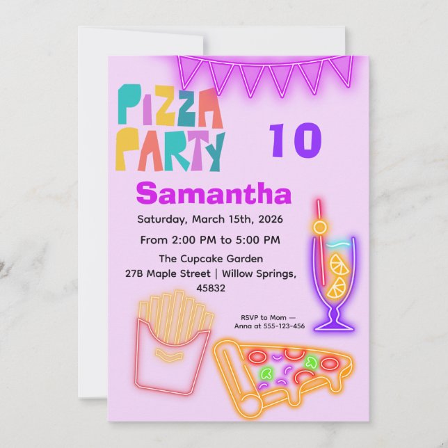 80s Pizza Party Invitation - Neon Arcade Theme (Devant)