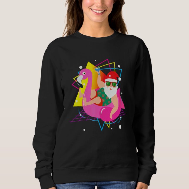 80s Pool Party Santa Sunglasses Flamingo Christmas Sweatshirt (Vorderseite)