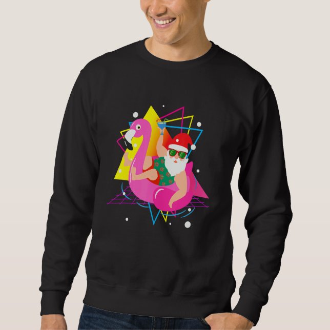 80s Pool Party Santa Sunglasses Flamingo Christmas Sweatshirt (Vorderseite)