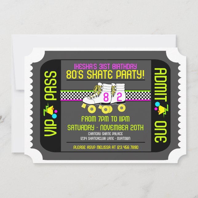 80s Rollerskate Ticket Style Party Invitations (Devant)