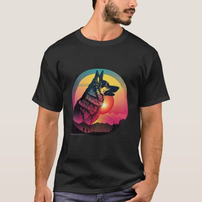 80s Synthwave German Shepherd with a Retro Aesthet T-Shirt (Vorderseite)