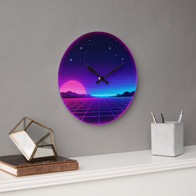 80s Synthwave Neon Sunset Circle Geometric Graphic Große Wanduhr (Büro)