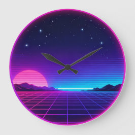 80s Synthwave Neon Sunset Circle Geometric Graphic Große Wanduhr