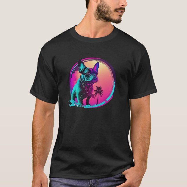 80s Synthwave Retrowave with French Bulldog Aesthe T-Shirt (Vorderseite)