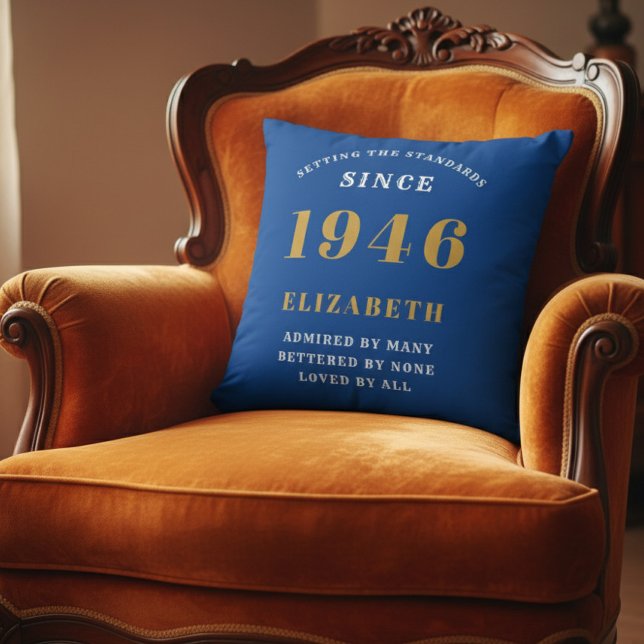 80th Birthday 1946 Add Name Blue Gold Personalized Kissen (1946 throw pillow on orange chair)