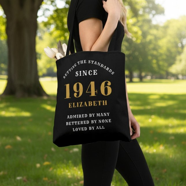 80th Birthday 1946 Black Gold For Her Personalized Tasche (Born 1946 birthday tote bag. Background out of focus.)