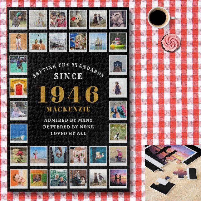 80th Birthday 1946 Family Memories Photo Collage (1946 photo collage jigsaw puzzle. Background red and white check tablecloth.)