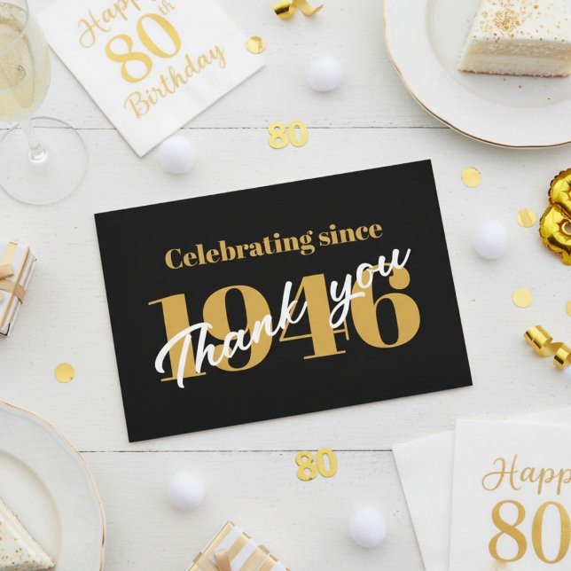 80th Birthday 1946 Retro Black And Gold Dankeskarte (1946 than you card. White background.)