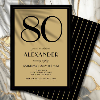80th Birthday Adult Black and Gold Modern Minimal  Einladung