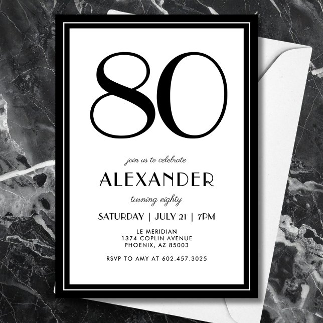 80th Birthday Black and White Modern Minimalist  Einladung (Modern black and white birthday style—minimalist typography for a timeless 80th.)