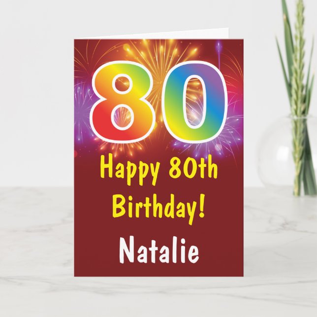 80th Birthday Colorful Rainbow Fireworks Red Karte (Vorderseite)