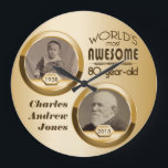 80th Birthday Customized Then Now Gold Photo Frame Große Wanduhr<br><div class="desc">A chic, golden gradation serves as the background to two dark gold circular frames. Replace the sample images with your own “Then and Now” photos of the most fabulous 80-year-old in your life. Customize with names and messages. Makes a wonderful, classy gift to celebrate the milestone birthday of your favorite...</div>