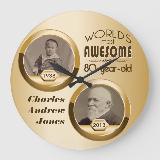 80th Birthday Customized Then Now Gold Photo Frame Große Wanduhr (Vorderseite)