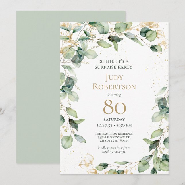 80th Birthday Eucalyptus Surprise Birthday Party Einladung (Vorne/Hinten)