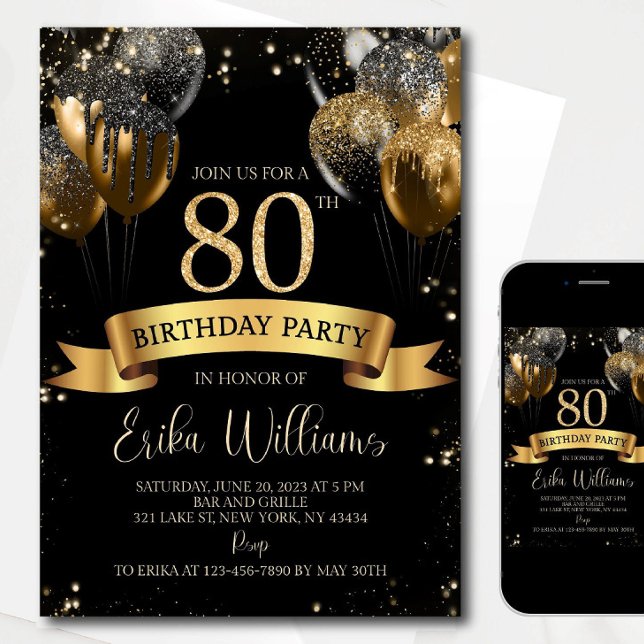 80th Birthday Invitation Template: Black Gold Ball (Créateur téléchargé)