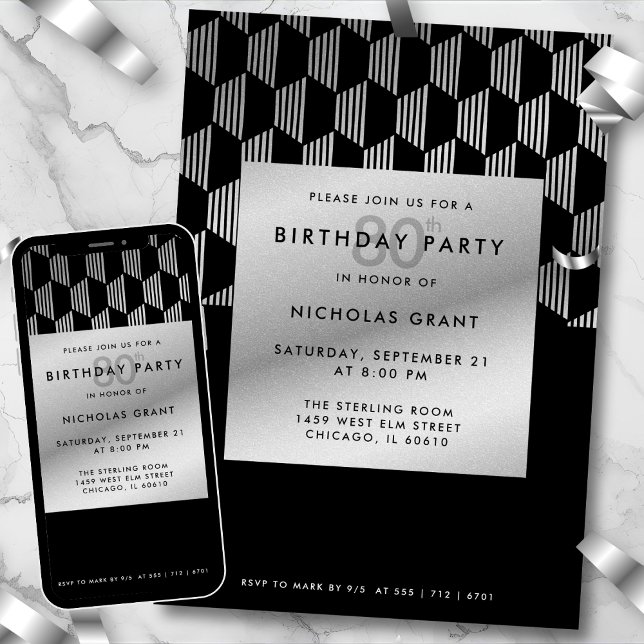 80th Birthday Modern Black Faux Silver Foil Einladung (Von Creator hochgeladen)