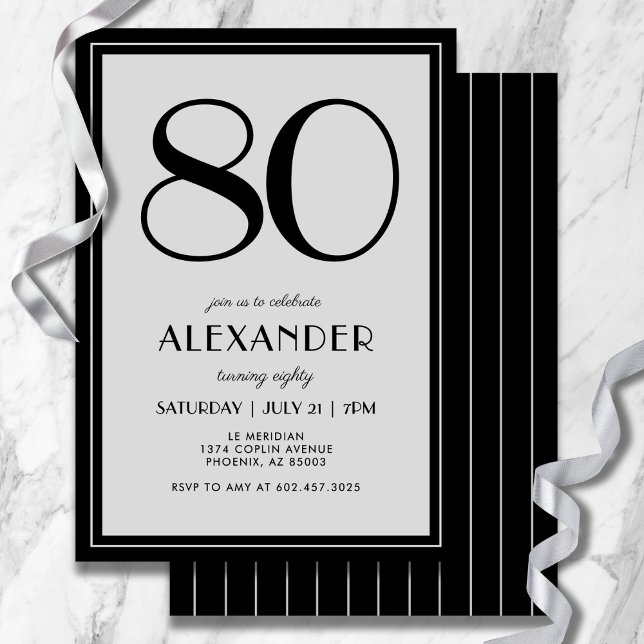 80th Birthday Modern Minimalist Mens Black Gray Einladung (Refined black and gray stripes add modern flair to your 80th celebration.)