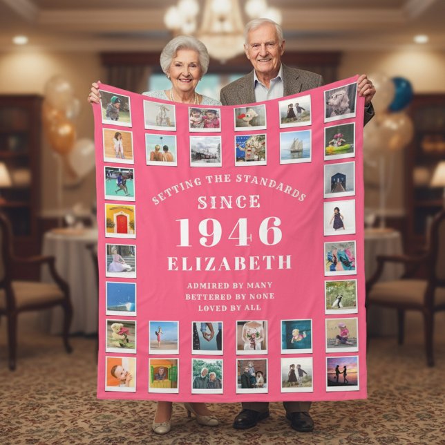 80th Birthday Mother Family Photo collage Pink Fleecedecke (Born 1946 pink fleece blanket with photos held by a an elderly couple)