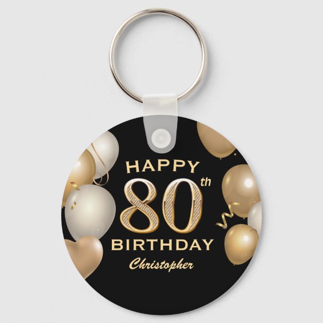 80th Birthday Party Black and Gold Balloons Schlüsselanhänger (Vorderseite)