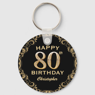 80th Birthday Party Black and Gold Glitter Frame Schlüsselanhänger