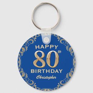 80th Birthday Party Blue and Gold Glitter Frame Schlüsselanhänger