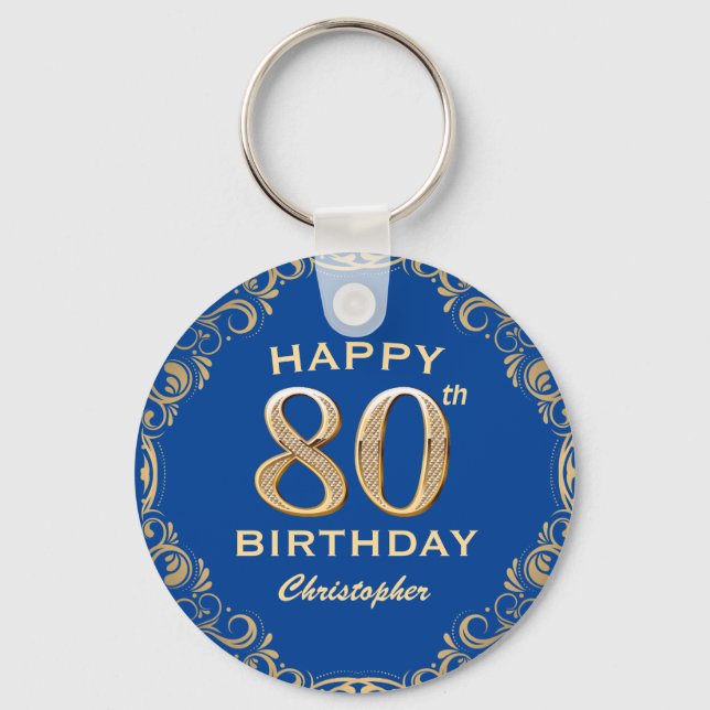 80th Birthday Party Blue and Gold Glitter Frame Schlüsselanhänger (Vorderseite)
