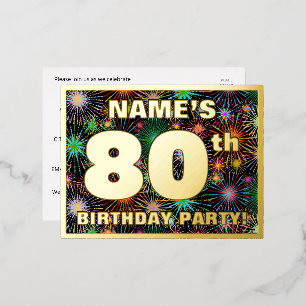 80th Birthday Party: Bold, Colorful Fireworks Look Folie Einladungspostkarte