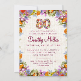 80th Birthday Party – Elegant Floral Linen Design Einladung