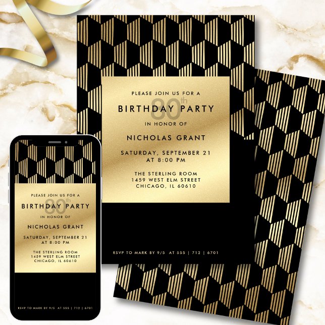 80th Birthday Party Modern Black and Gold Foil Einladung (Von Creator hochgeladen)