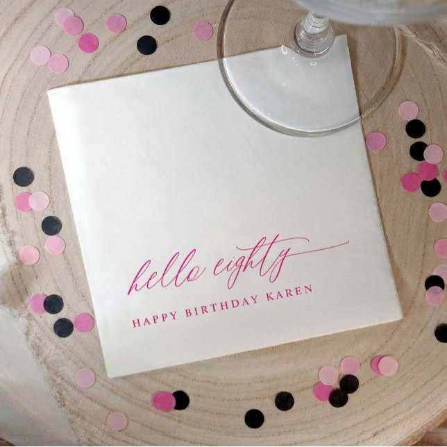 80th Birthday Party Pink Hello 80 Modern Elegant Serviette (Pink hello 80 elegant script 80th birthday party napkins)